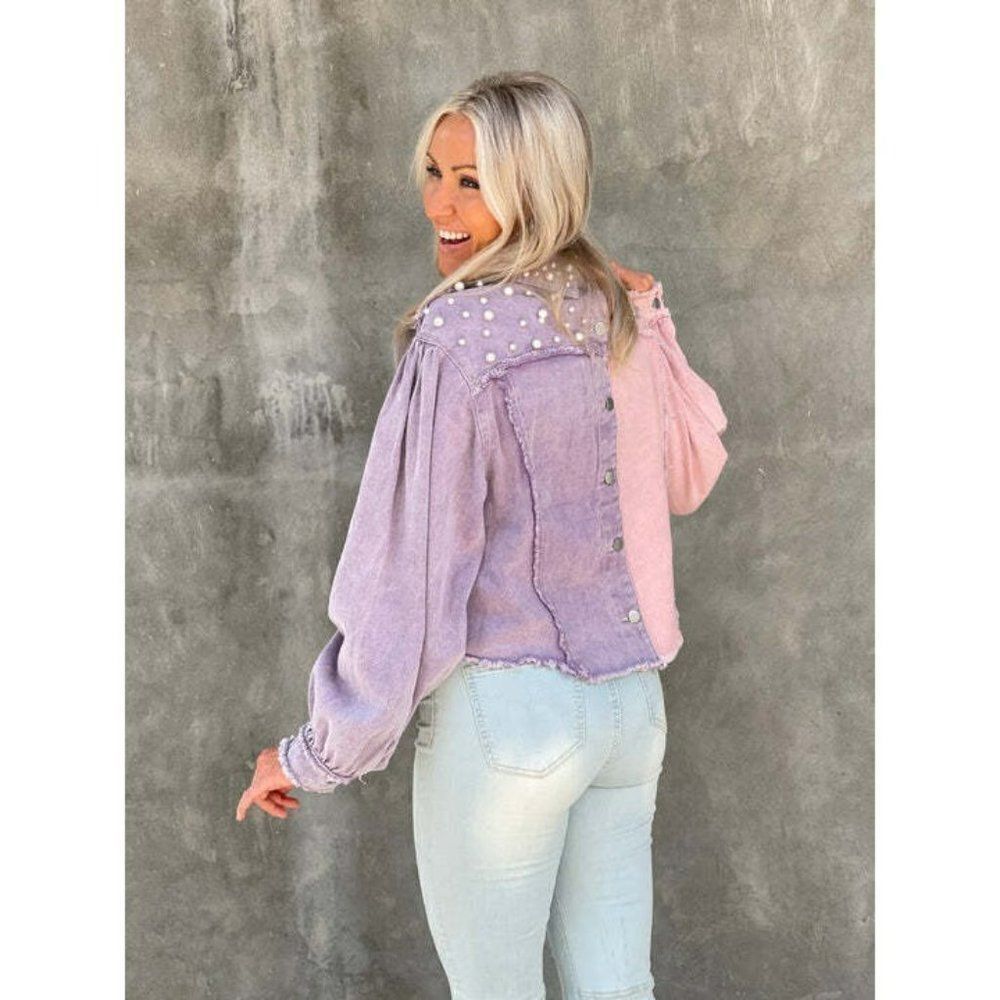 POL CLOTHING Lilac Pink Pearl Diamond Studded Half and Half Denim Jacket FWJ160A - Picture 2 of 12
